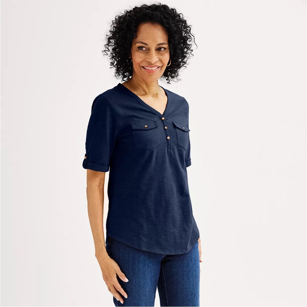 NWT Petite Croft & Barrow Seattle Navy Small Elbow Sleeve Utility Henley Top